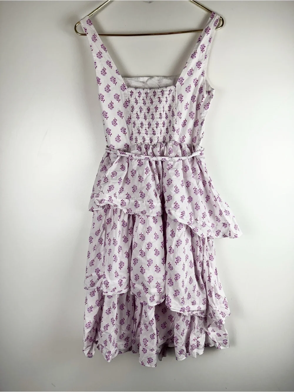 J.Crew Boho White Purple Floral Cotton Tiered Ruffle Mini Dress Tie Waist